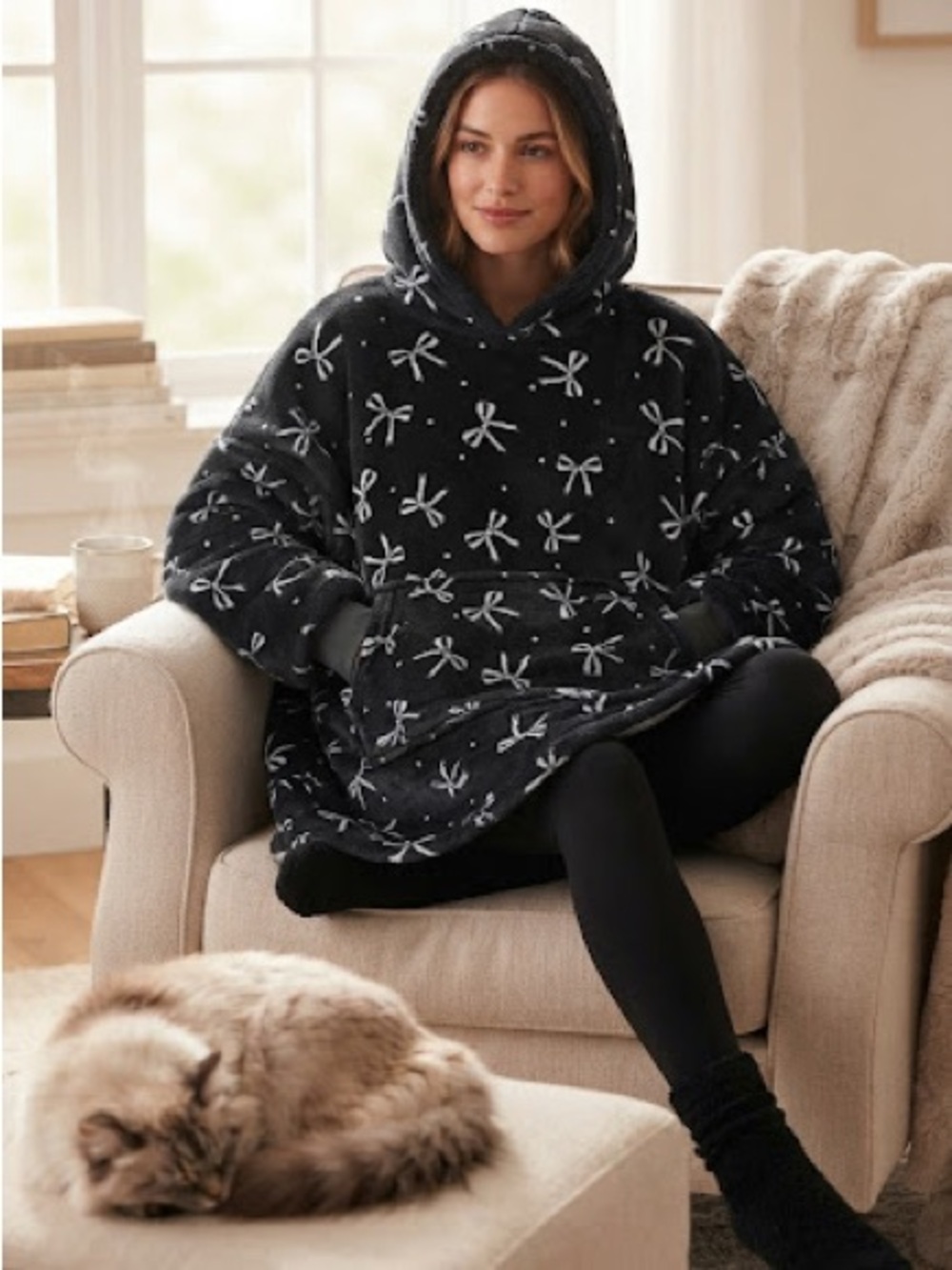 Black Hooded Blanket Hoodie with White Bow Pattern